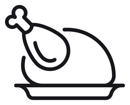 Roasted chicken or turkey on a platter vector icon illustration. Minimalist black line art symbol of poultry dinner, perfect for food menus, restaurant branding, and holiday meal graphics.