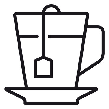 Black line art vector icon illustration of a cup of tea with a tea bag inside and a saucer, minimalist symbol for hot beverages, breakfast, or relaxation, isolated on a white background.