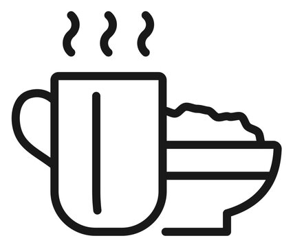 Minimalist black line vector icon of a steaming mug of coffee or tea next to a bowl of cereal or porridge, breakfast or morning meal symbol illustration isolated on a white background.