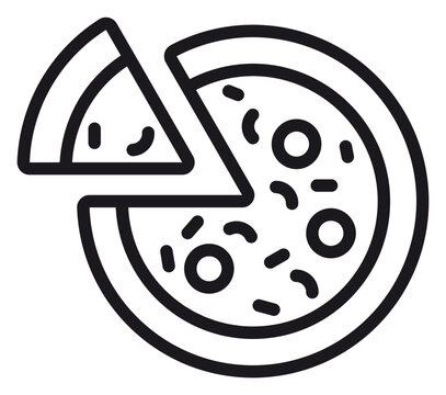 Pizza icon vector illustration featuring a black line art drawing of a whole pizza with one slice removed, perfect for restaurant menus, food delivery apps, cooking websites, and graphic design.
