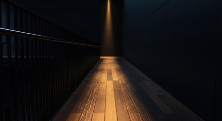 Obraz premium Dark Corridor With Warm Spotlight Illuminating A Wooden Floor And Metal Railing Illuminated With Orange Light