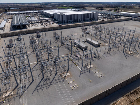 Mount Pleasant, Wisconsin, USA - April 11, 2026: Aerial view of Microsoft data center substation and power infrastructure supporting cloud computing operations.