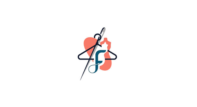 Minimalist Fashion Design Logo Depicting Needle, Hanger and Clothing Silhouette