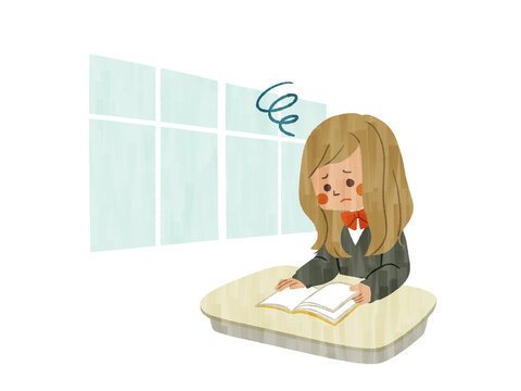 教室で本を読んでいる困った表情の女子学生-ガッシュ