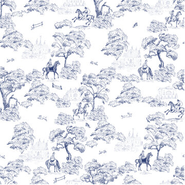 Woman on a horse, ancient castle in a garden, rider on horseback, jumping dogs, toile de Jouy blue  pattern for wallpaper, textile.