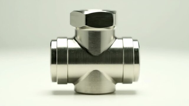 Rotating stainless steel T-joint pipe fitting on white background. Industrial plumbing and gas maintenance component. High-precision metallic hardware
