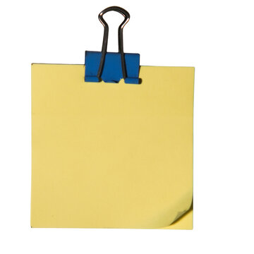 Yellow Sticky Note with Blue Binder Clip on White Background