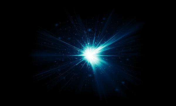 Vibrant blue and cyan light burst with radiating beams, scattered particles, creating a dazzling, powerful abstract energy explosion in deep space.
