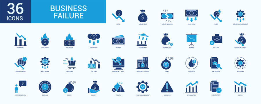 Business Failure Icon pack Blue Style Illustration Vector