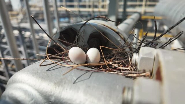Two Dove Eggs in a Nest Built on Industrial Pipe Flange Inside a Factory Complex