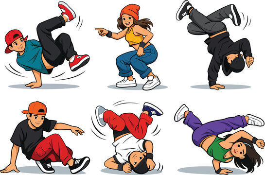  Hip-Hop Street Dance Characters Vector Set &ndash; Breakdance Moves, B-Boy B-Girl Poses, Urban Style Dancers Collection Flat Illustration Isolated on White