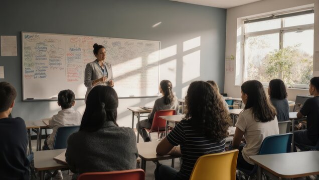 Teacher instructing students in a bright classroom with a whiteboard.