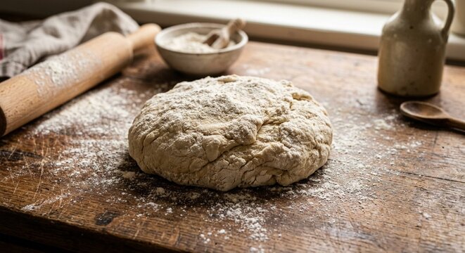 Fresh handmade pasta dough dusted with flour on rustic counter