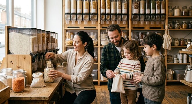 Family refilling pantry staples from bulk dispensers at a neighborhood zero waste shop