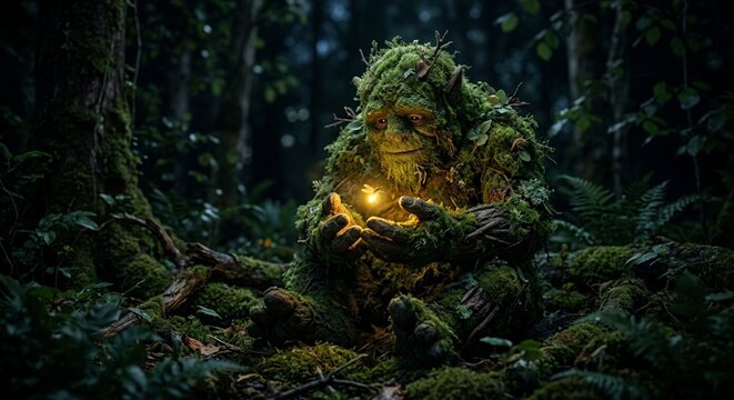 Moss monster holding glowing firefly in dim forest clearing