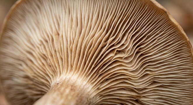 Macro view of mushroom gills with organic texture and soft light