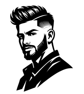 Stylish man with modern haircut in sharp engraving style. Detailed portrait. Vector black ink illustration, fashion and grooming concept for branding.