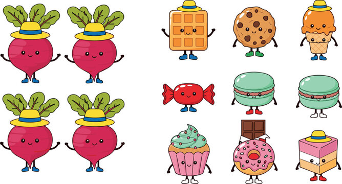Cute dessert and vegetable cartoon characters vector set with cupcakes, donuts, macarons, candy, waffles and funny kawaii food illustration collection