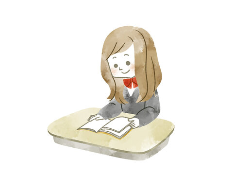 席で本を読んでいる女子学生-水彩