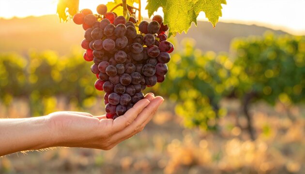 A close-up view of a human hand gently supporting a vibrant cluster of ripe red grapes still attached to a vineyard vine, illuminated by soft, warm sunlight.