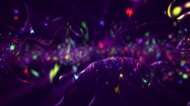 Vibrant and dynamic abstract liquid background with colorful glassy particles flowing through fluid morphing glossy blob shapes. Full HD looping psychedelic styled animation.