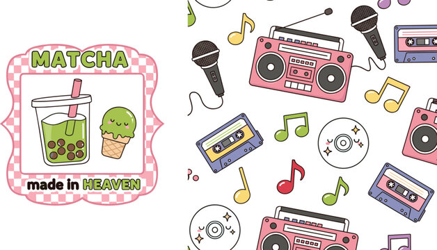 Cute matcha drink sticker and retro music pattern vector set with cassette, boombox, microphone, ice cream and kawaii aesthetic illustration collection