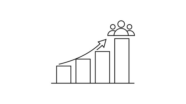 Minimalist black line vector icon illustration of a bar chart with an upward arrow and audience figures, symbolizing business growth, marketing success, and customer acquisition on white background.