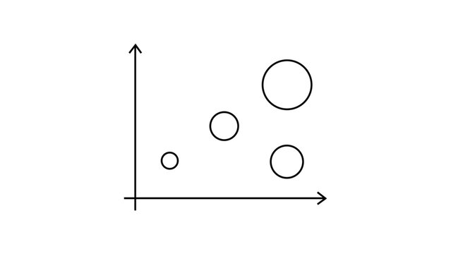 Minimalist black line vector icon illustration of a bubble chart on a white background, featuring an XY axis with circles of different sizes representing data visualization and business analysis.