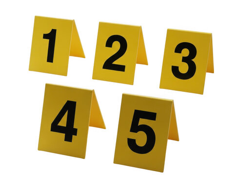 Yellow numbered dice faces 1, 2, 3, 4, 5 isolated on transparent background