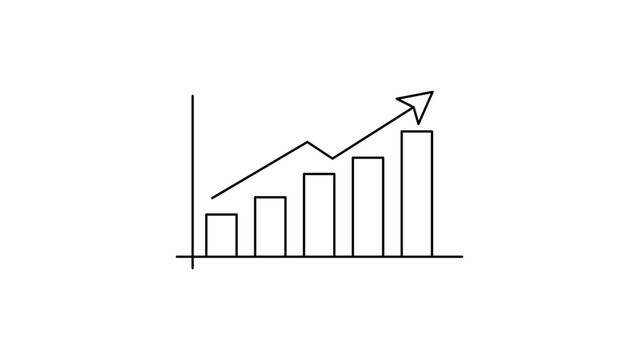 Minimalist black line vector icon illustration of a rising bar chart with an upward arrow on a white background, symbolizing business growth, financial success, profit increase, and data progress.
