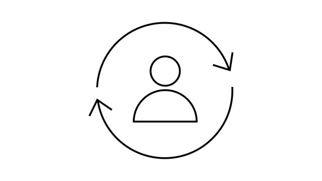 Retention rate minimalist black line vector icon illustration on white background, featuring a person silhouette inside a circular arrow representing customer loyalty, user lifecycle, and rotation.