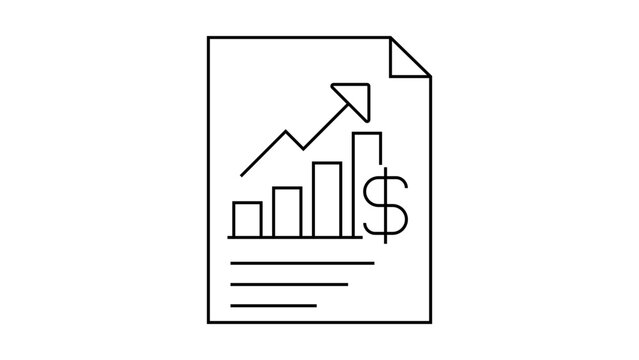 Revenue report vector icon illustration featuring a document with an upward-pointing arrow, bar graph, and dollar sign, minimalist black line art on a white background for business growth analysis.