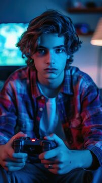 Young man with curly hair sitting in dark room and playing video game on Xbox controller.