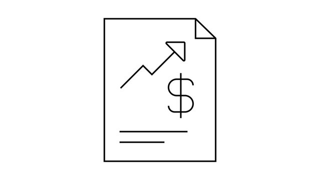 Minimalist black line vector icon illustration of a revenue report document with an upward growth arrow and dollar sign, symbolizing financial success, profit analysis, and business statistics.