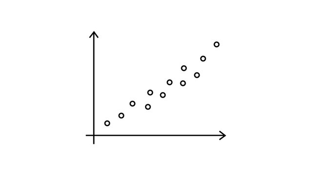 Scatter plot vector icon illustration. Minimalist black line drawing of an XY axis grid with data points showing positive correlation. Scalable outline graphic for business, math, and statistics.