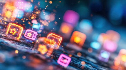 Fototapeta premium Colorful cubes and glowing stars scatter on a dark surface at night