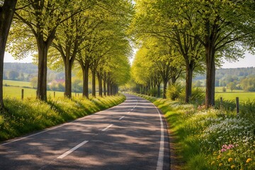 Obraz premium Scenic country road lined with green trees and sunlight creating peaceful nature travel landscape