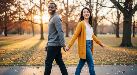 Obraz premium Couple walking outdoors holding hands