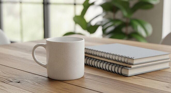 Cozy Workspace: White Mug and Notebooks on Wooden Desk with Plant