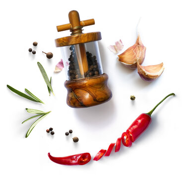 art Spice Blends and Culinary Arts Still Life with Pepper Grinder Garlic Rosemary and chili