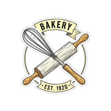Vintage bakery logo with crossed whisk and rolling pin emblem.
