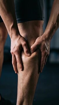 Knee pain muscle injury for athlete leg sports strain and inflammation runner holds sore knee after workout showing pain and muscle tension recovery and mobility tips