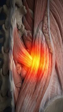 Lower back spine muscle pain inflammation anatomy sciatic nerve medical illustration lumbar disc detailed 3d healthcare render showing lumbar muscles spinal column disc strain and nerve glow