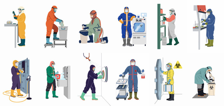 A collection of scientists and technicians in various protective hazmat suits working in different laboratory and biohazard containment settings.