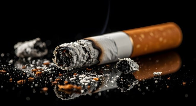 Burning cigarette with ash a close up view of tobacco consumption