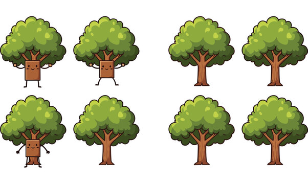 Cartoon tree vector set with cute character trees and realistic green forest trees different styles isolated nature illustration collection