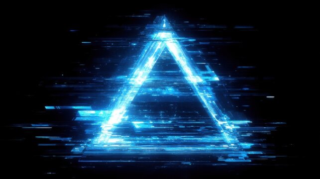 Glowing blue triangle with digital noise hovers on black, cyberpunk tech and futuristic data flow.