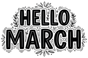Obraz premium Spring hand-drawn lettering with flowers, leaves. Black and white doodle illustration with playful seasonal elements.