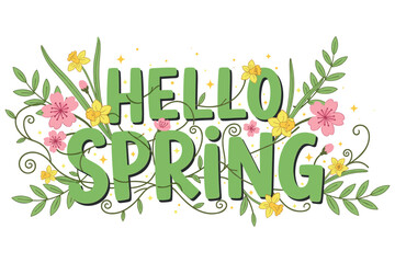 Obraz premium Spring hand-drawn lettering with flowers, leaves. Black and white doodle illustration with playful seasonal elements.