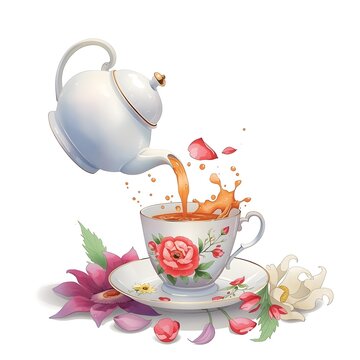 A delicate floral teacup being poured with tea from a teapot surrounded by flowers